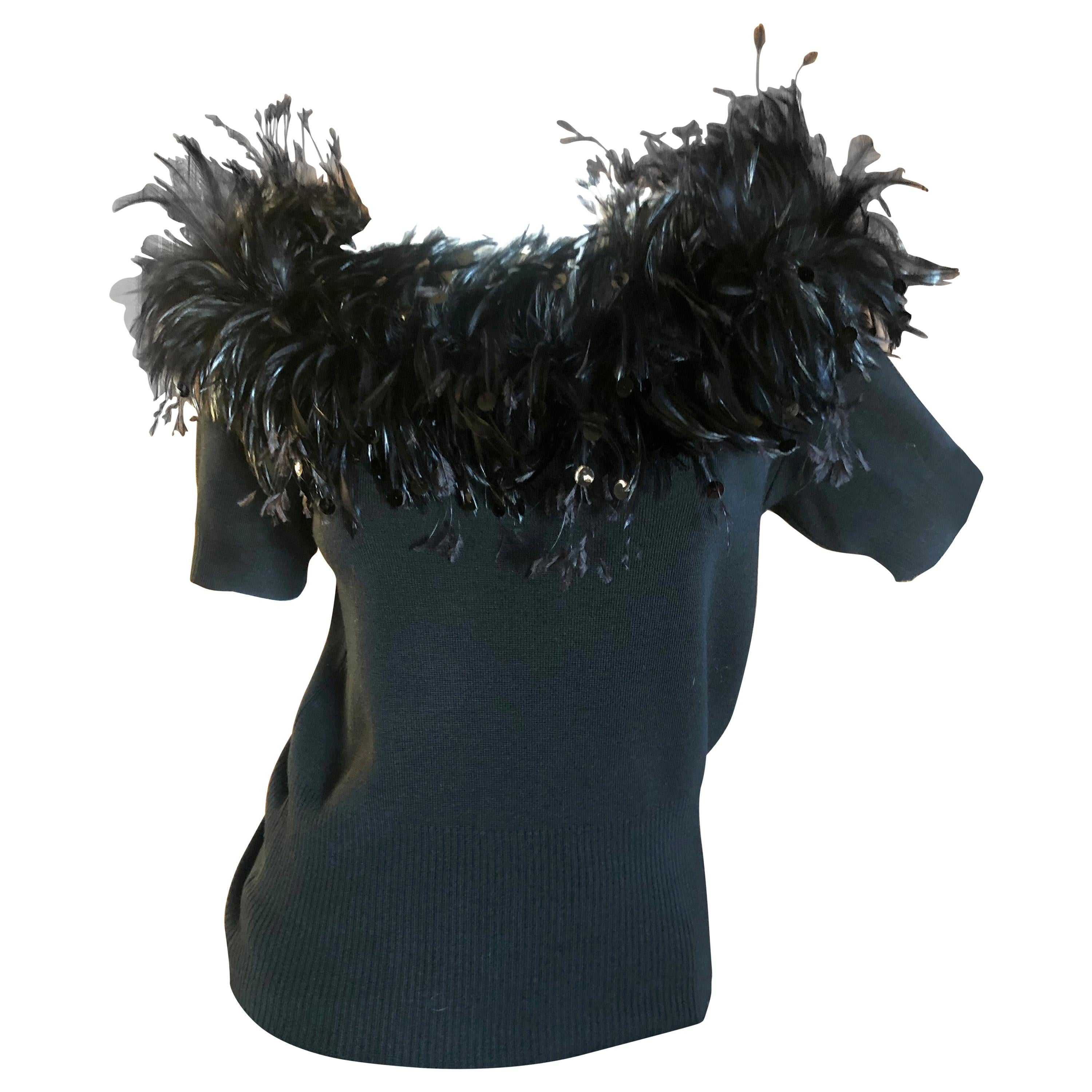 Yves Saint Laurent Vintage 1980's Coq Feather & Sequin Off the Shoulder Sweater For Sale