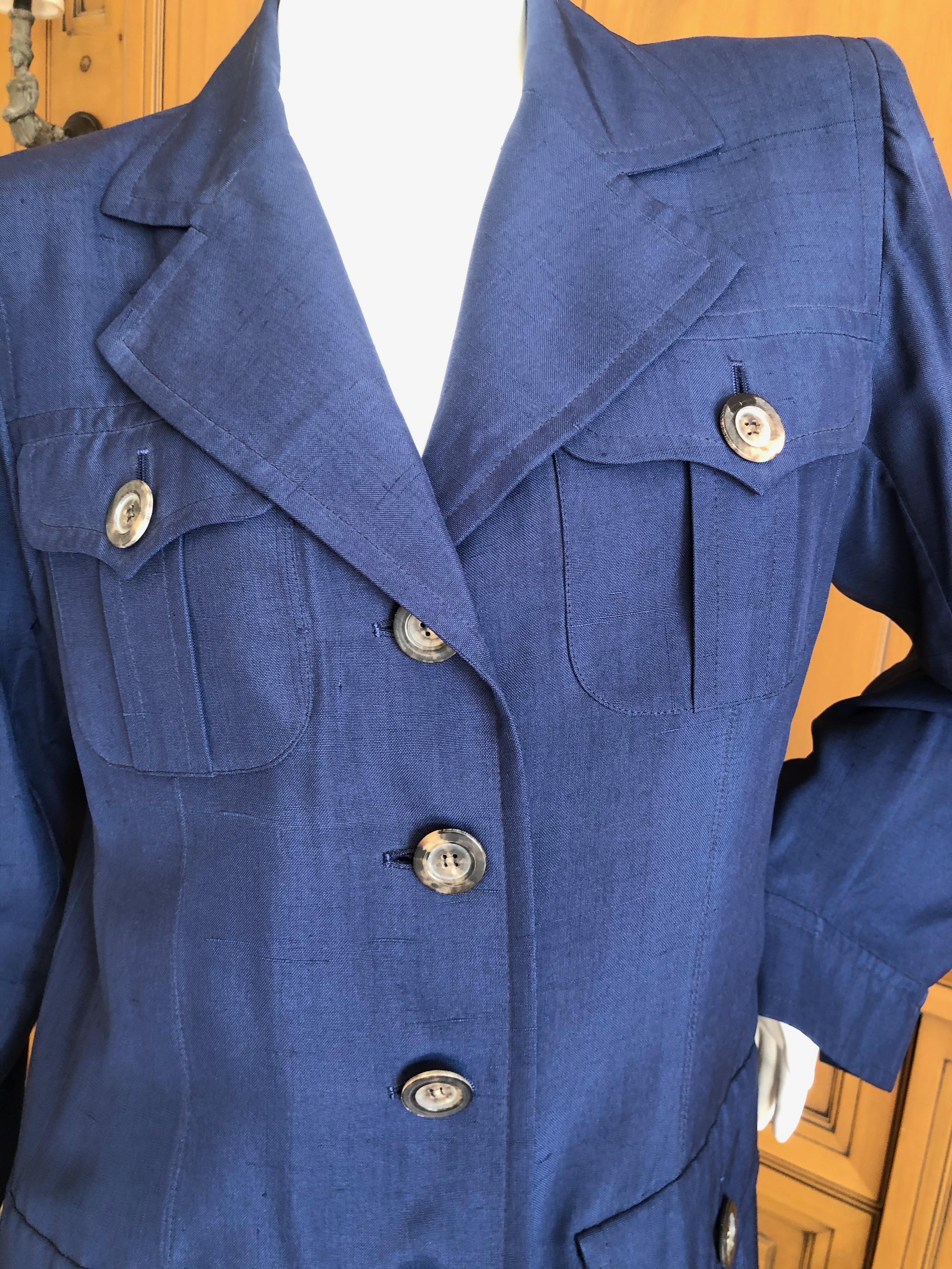 Yves Saint Laurent Vintage 1980's Royal Blue Dupioni Silk Safari Suit  In Excellent Condition For Sale In Cloverdale, CA