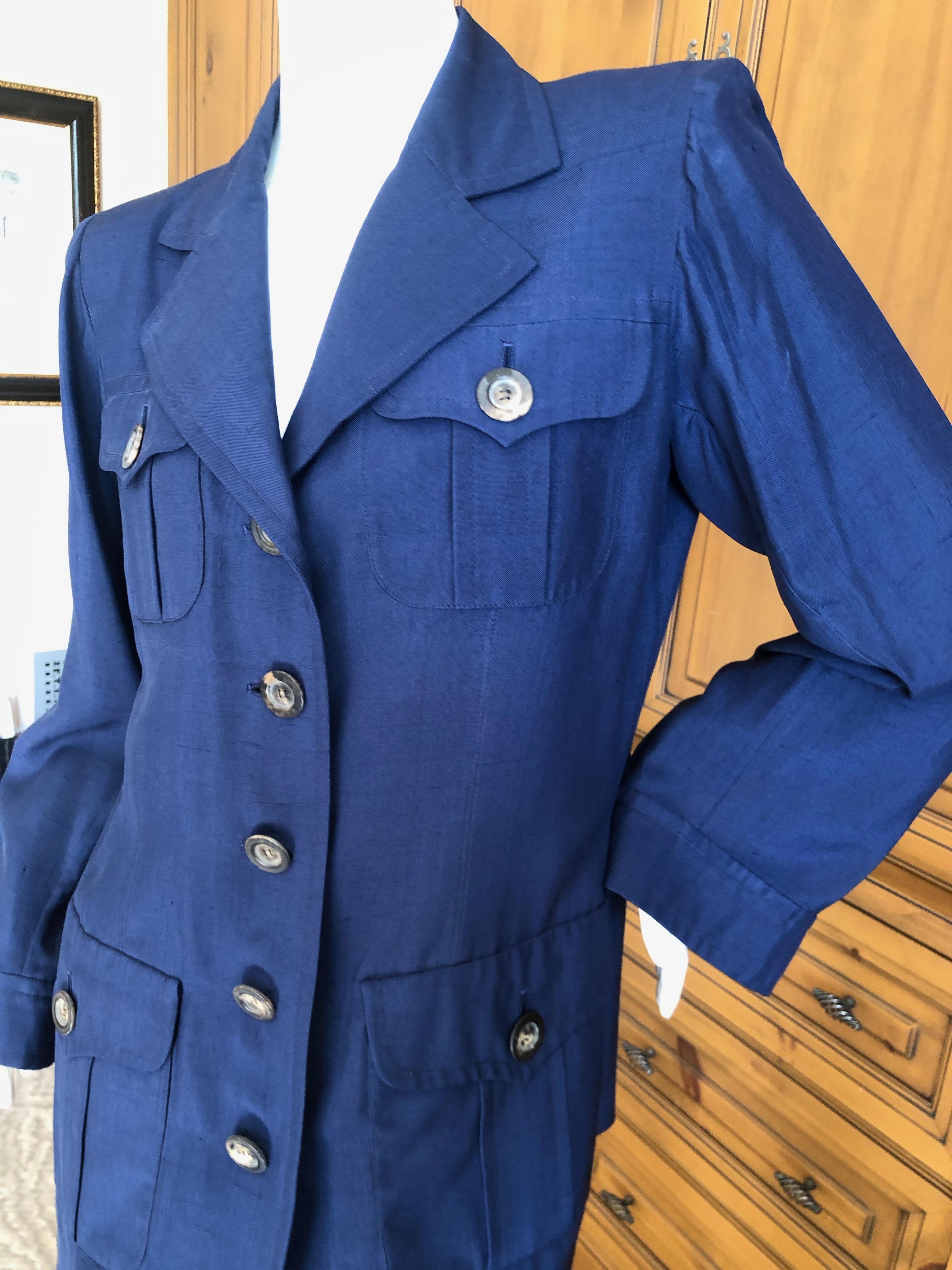 Women's Yves Saint Laurent Vintage 1980's Royal Blue Dupioni Silk Safari Suit  For Sale