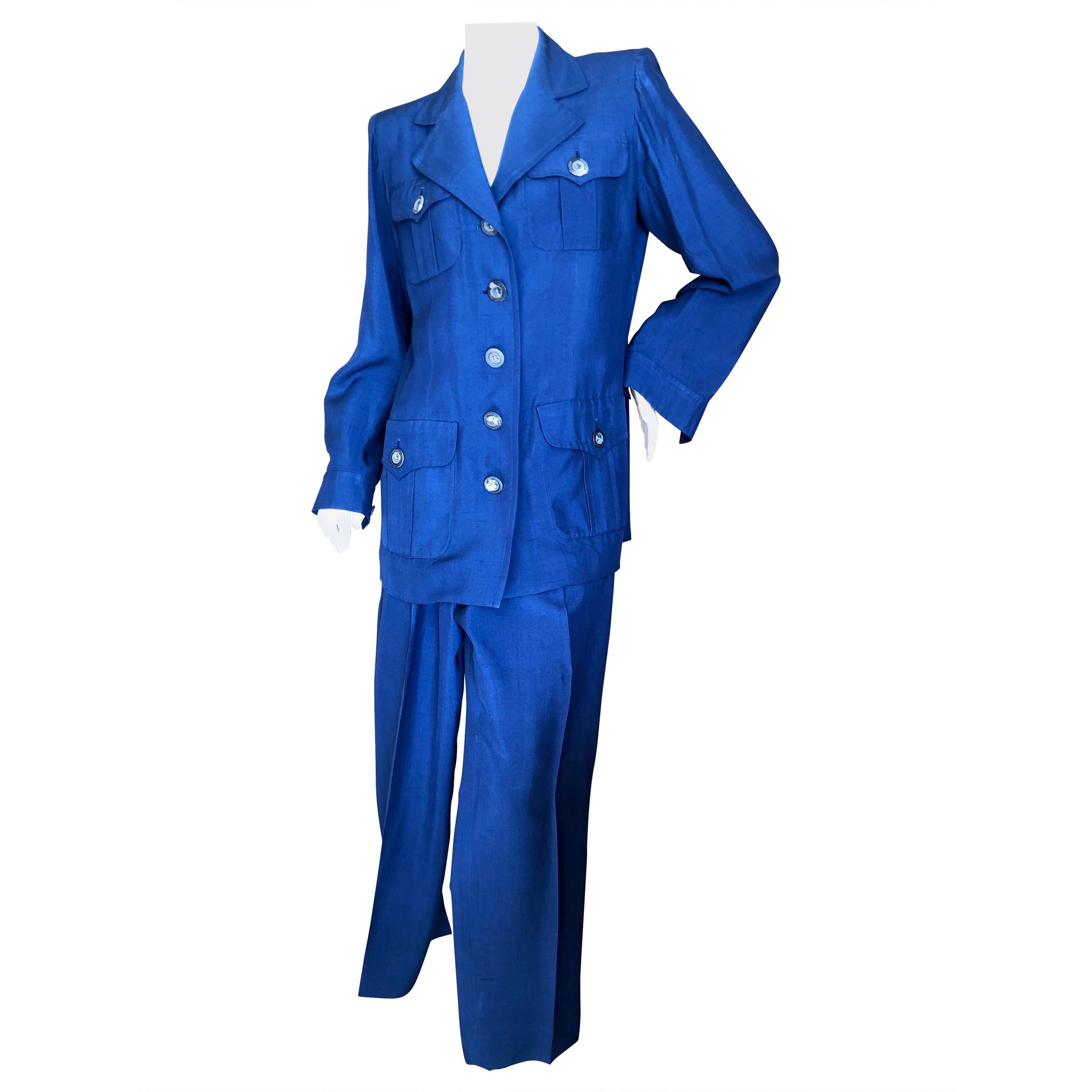 Yves Saint Laurent Vintage 1980's Royal Blue Dupioni Silk Safari Suit  For Sale