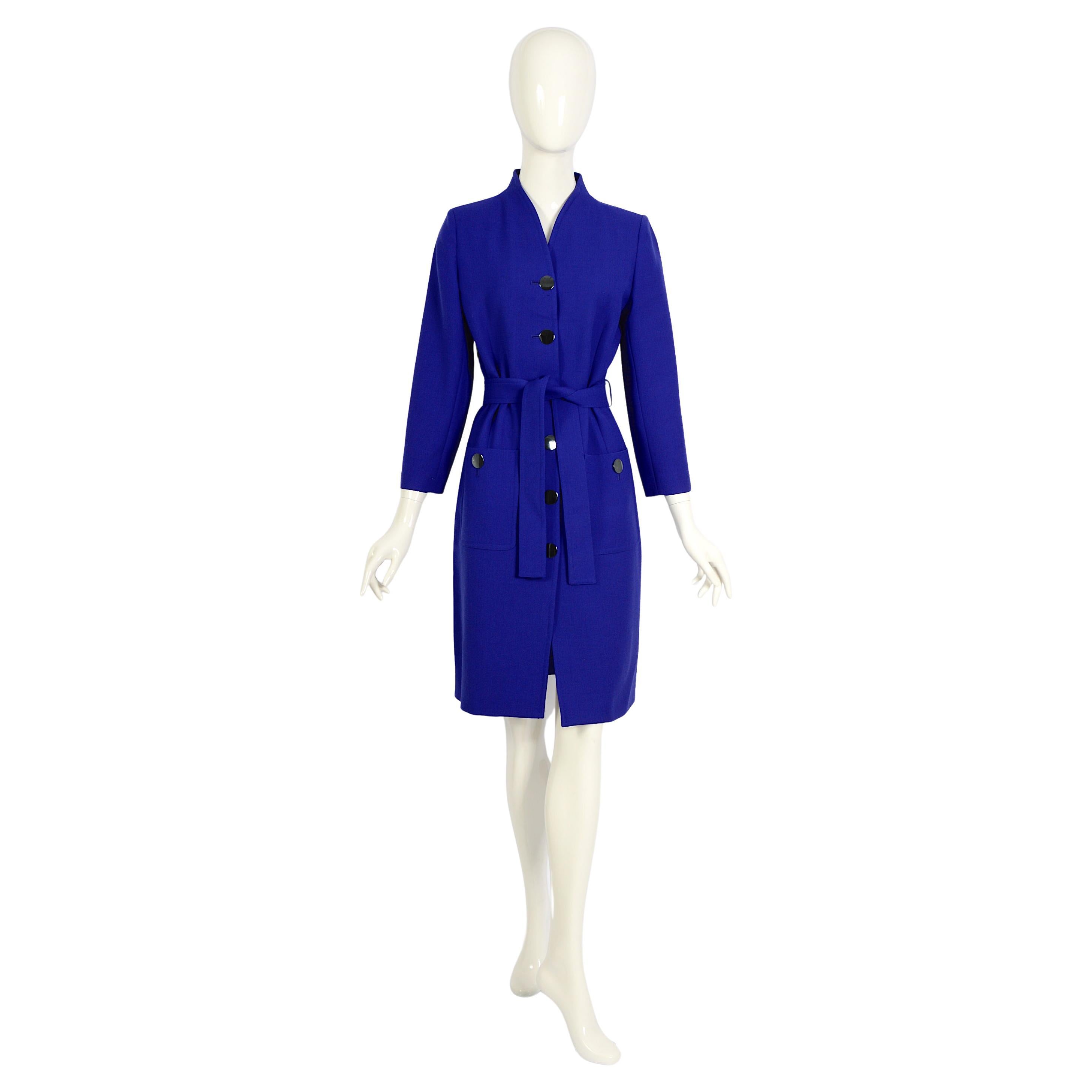 Yves Saint Laurent vintage 1980s wool cobalt bleu coat dress For Sale