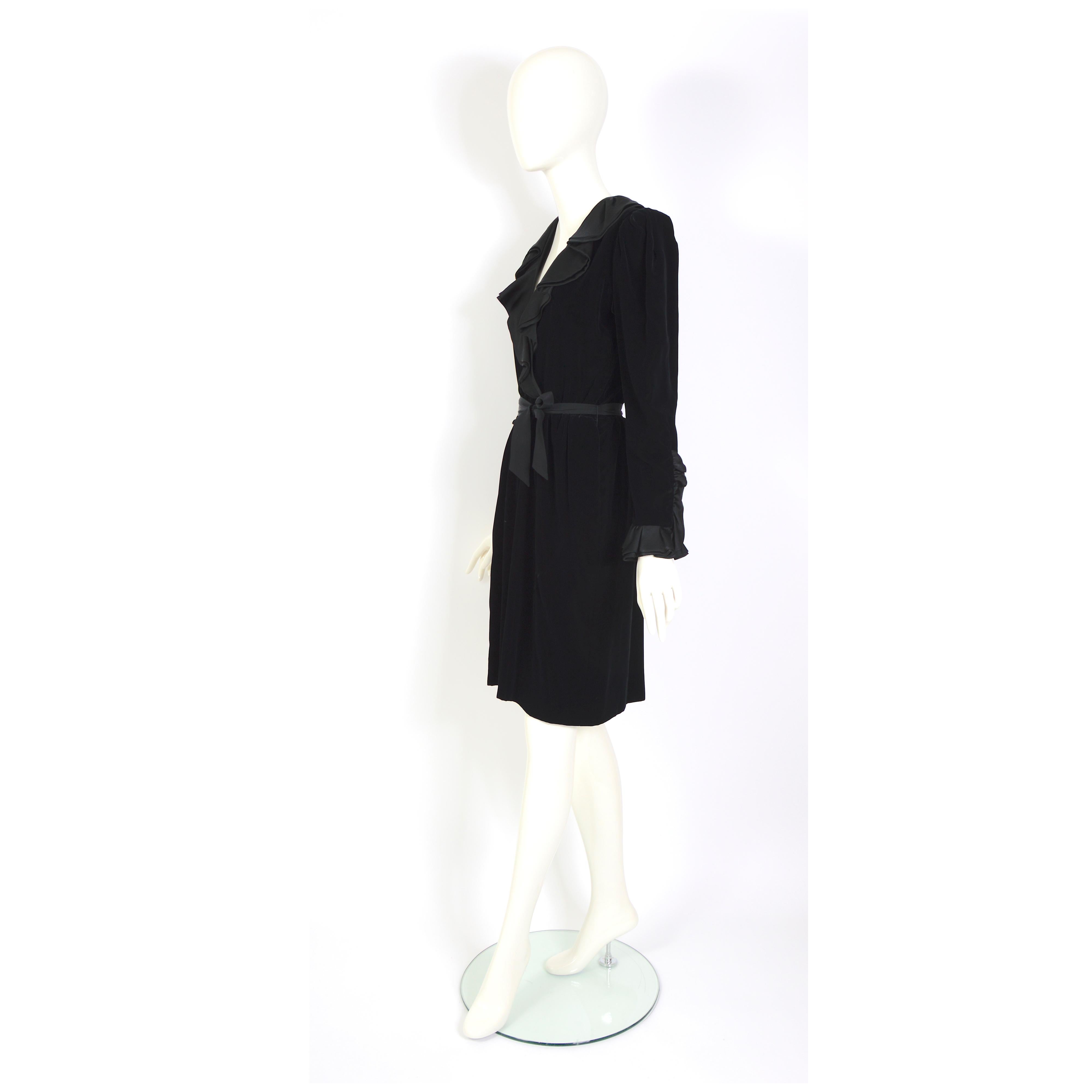 Black Yves Saint Laurent vintage 1986 velvet ruffles dress seen on Catherine Deneuve For Sale