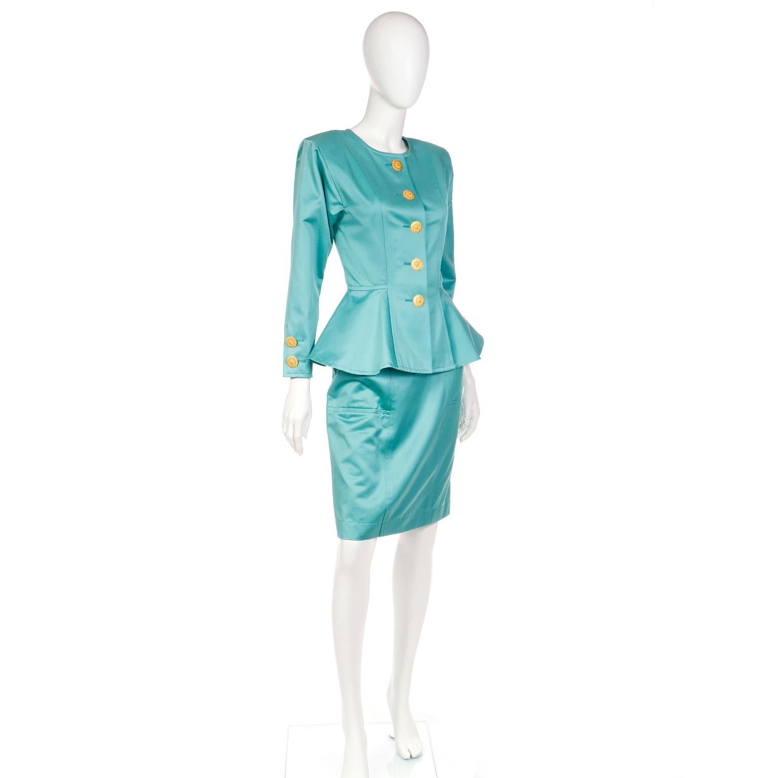Yves Saint Laurent Vintage 1991 Green Peplum Jacket & Skirt Suit W/ Original Tag In Good Condition For Sale In Portland, OR