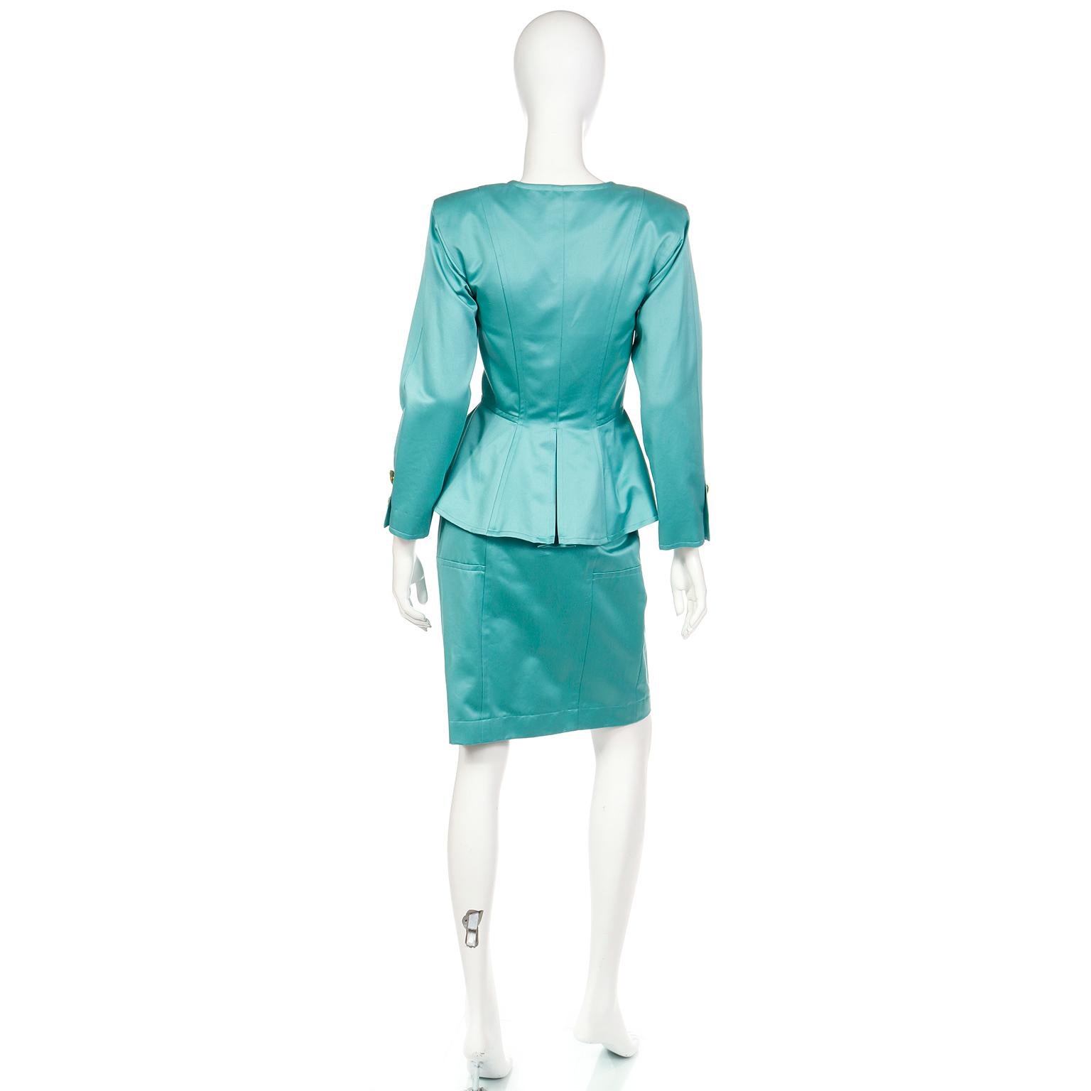Women's Yves Saint Laurent Vintage 1991 Green Peplum Jacket & Skirt Suit W/ Original Tag For Sale
