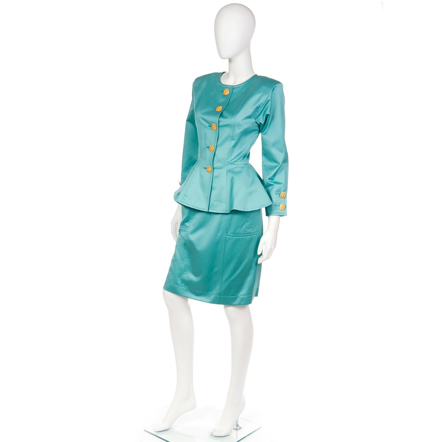 Yves Saint Laurent Vintage 1991 Green Peplum Jacket & Skirt Suit W/ Original Tag For Sale 1