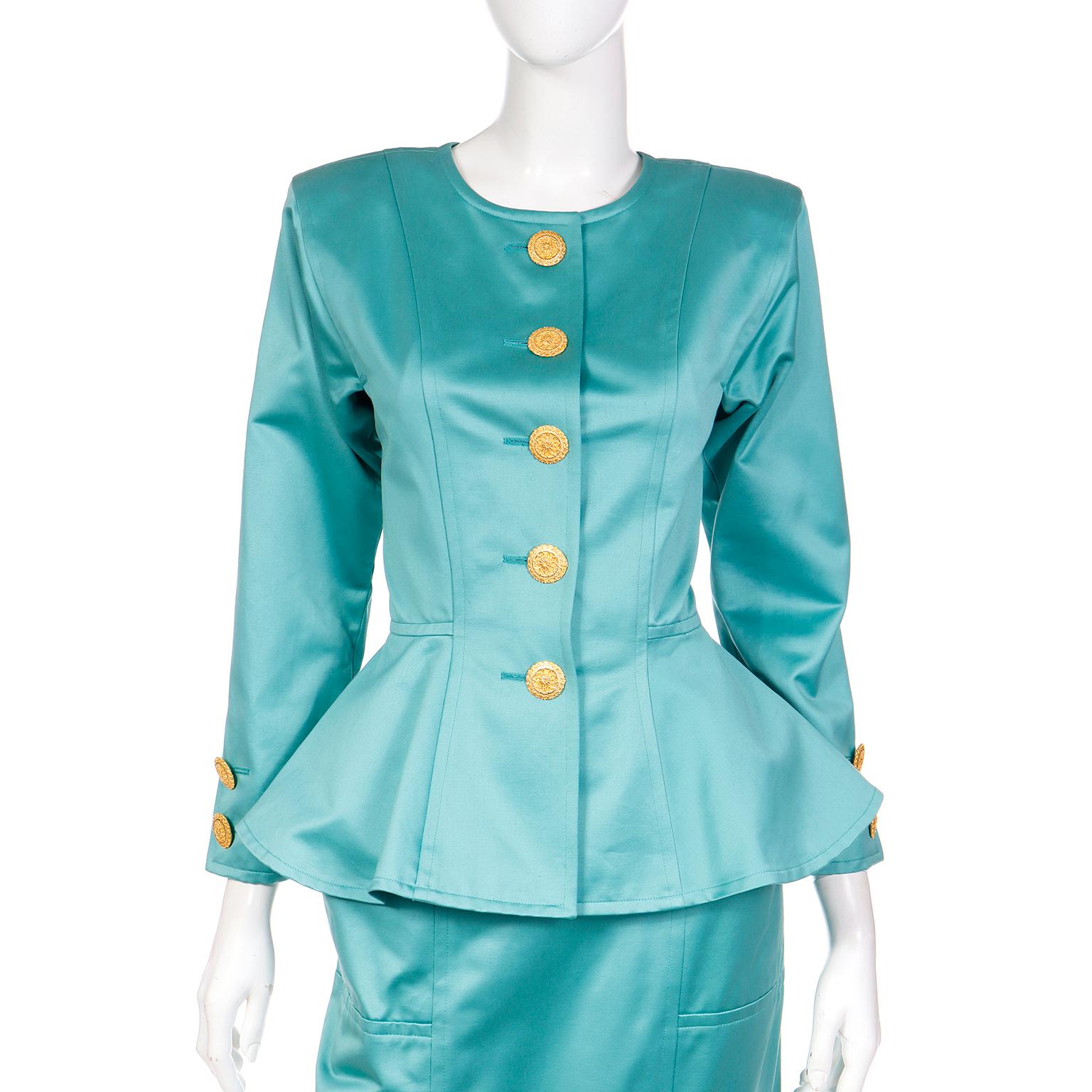 Yves Saint Laurent Vintage 1991 Green Peplum Jacket & Skirt Suit W/ Original Tag For Sale 3