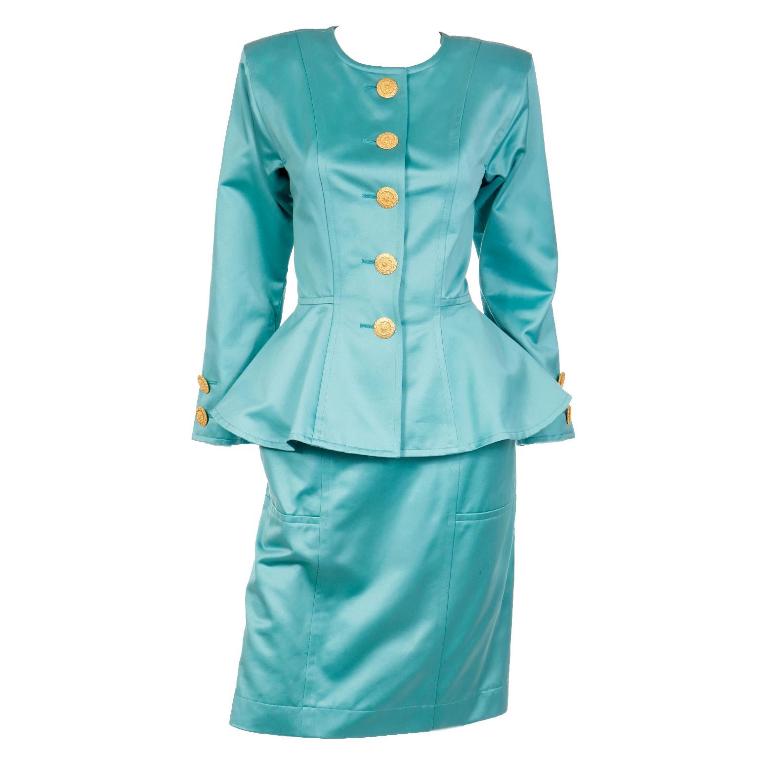 Yves Saint Laurent Vintage 1991 Green Peplum Jacket & Skirt Suit W/ Original Tag For Sale