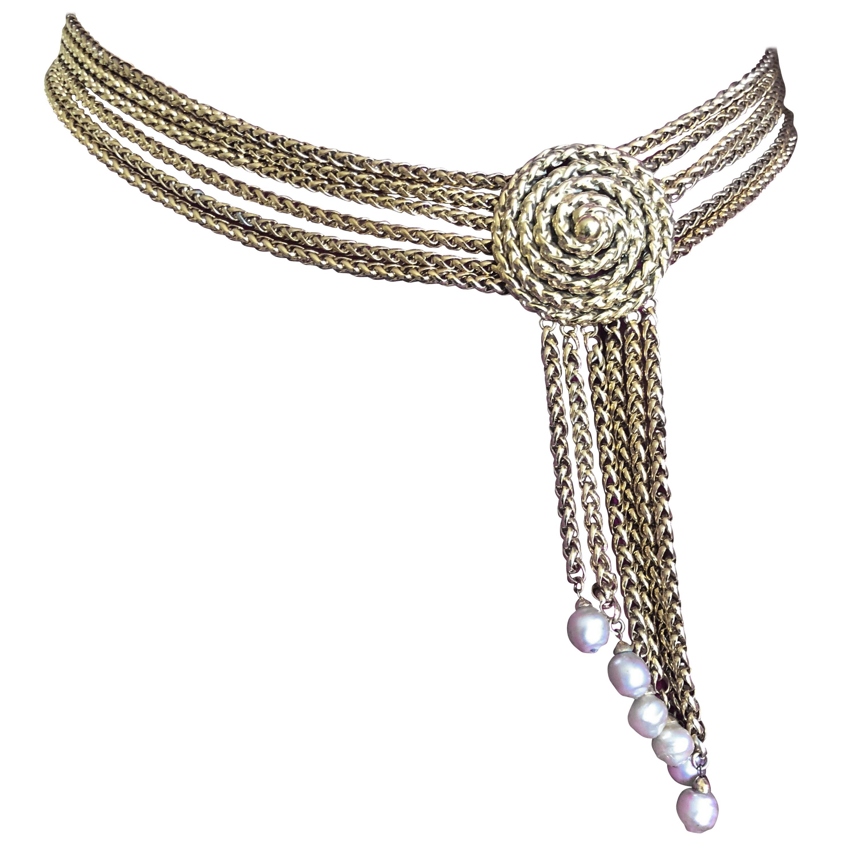 Yves Saint Laurent Vintage 70's Gold Chain Belt / Necklace with Pearl Tassel For Sale