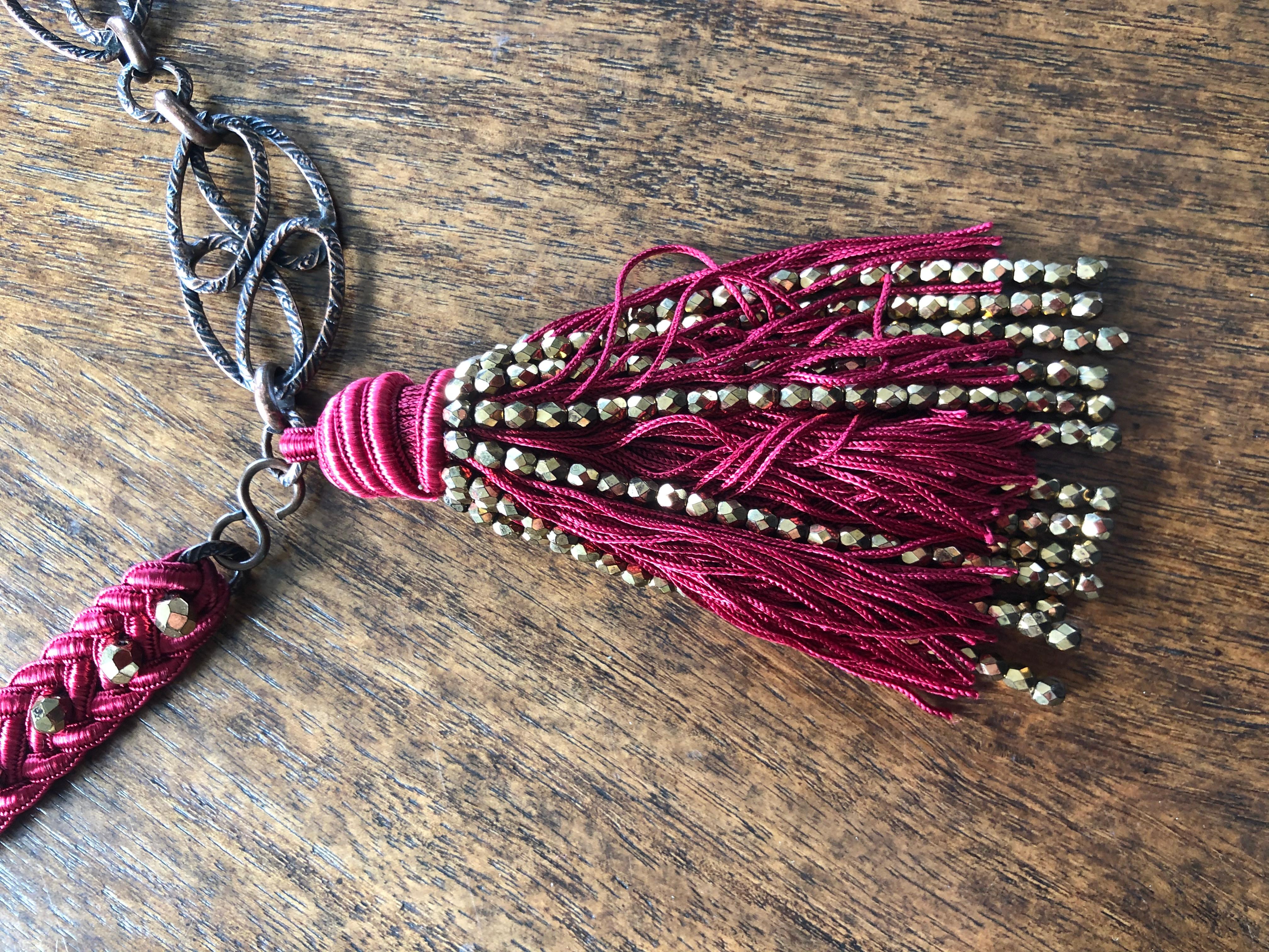 Purple Yves Saint Laurent Vintage 70's Red Cord Beaded Belt with Chain Links and Tassel For Sale