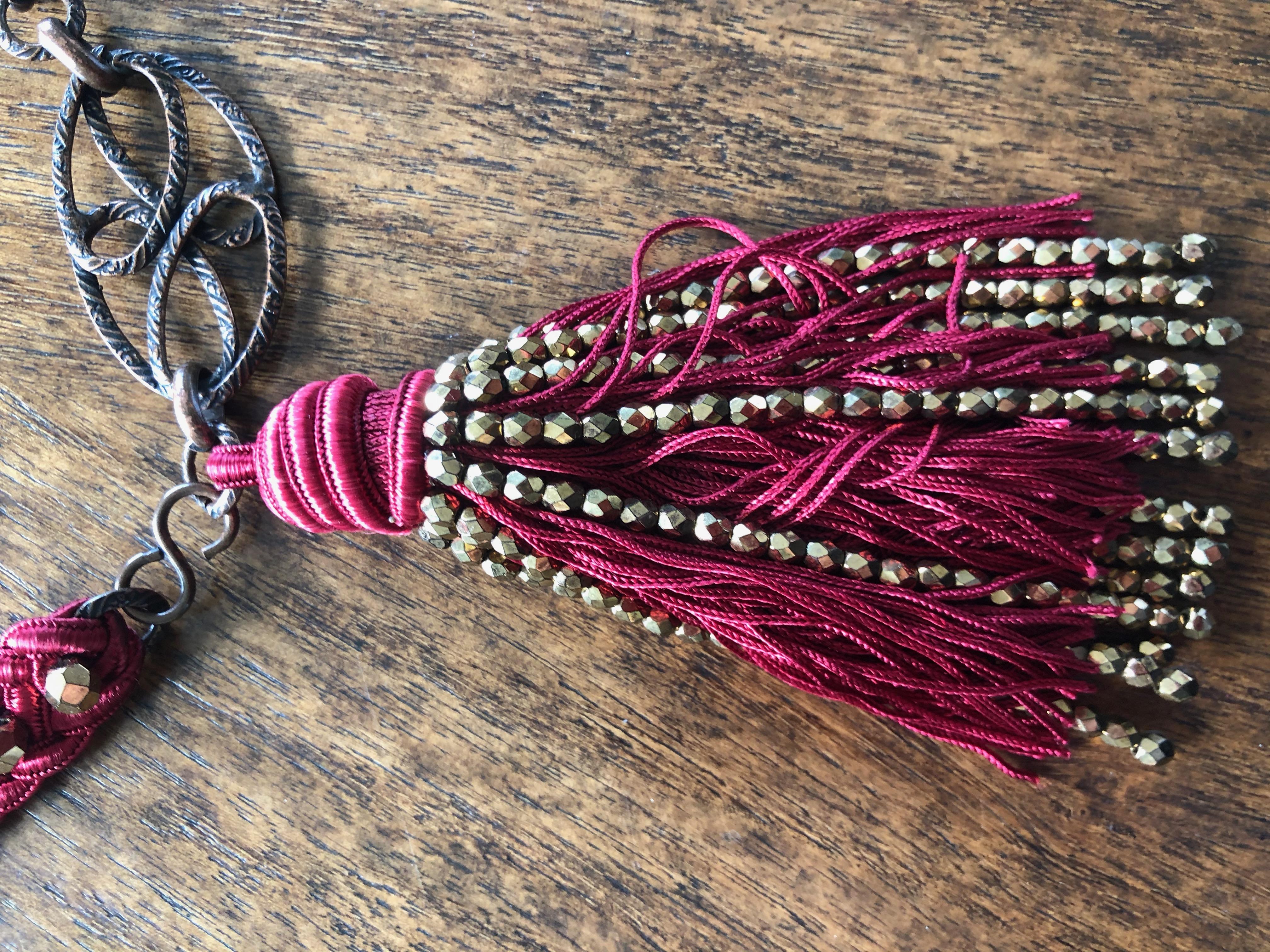 Yves Saint Laurent Vintage 70's Red Cord Beaded Belt with Chain Links and Tassel In Excellent Condition For Sale In Cloverdale, CA