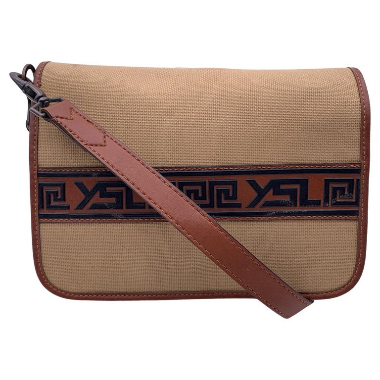 Yves Saint Laurent Vintage Beige Canvas Greek Messenger Bag For Sale at