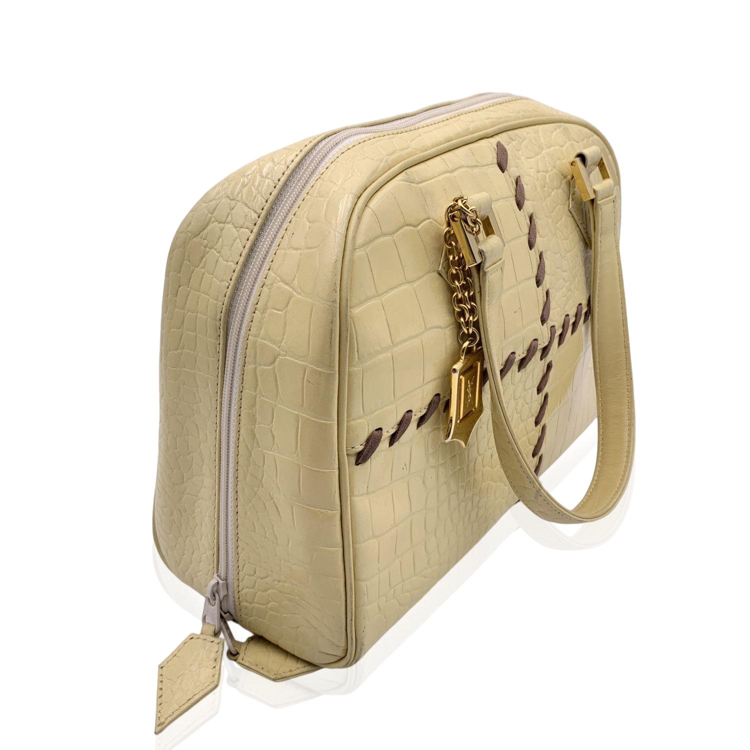 Yves Saint Laurent Vintage Beige Embossed Leather Bowling Bag In Excellent Condition In Rome, Rome