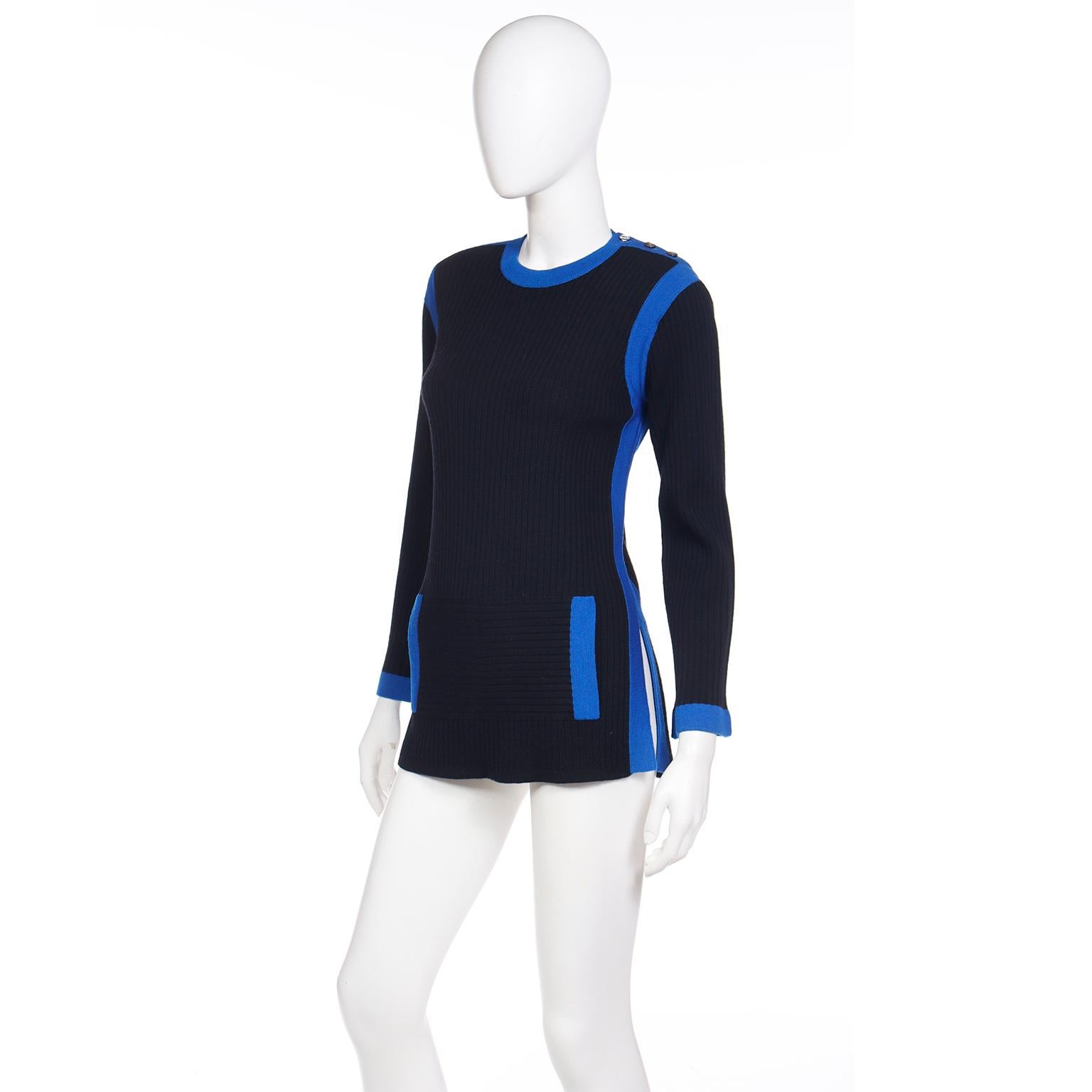 Yves Saint Laurent Vintage Black and Blue Knit Pullover Sweater In Excellent Condition For Sale In Portland, OR