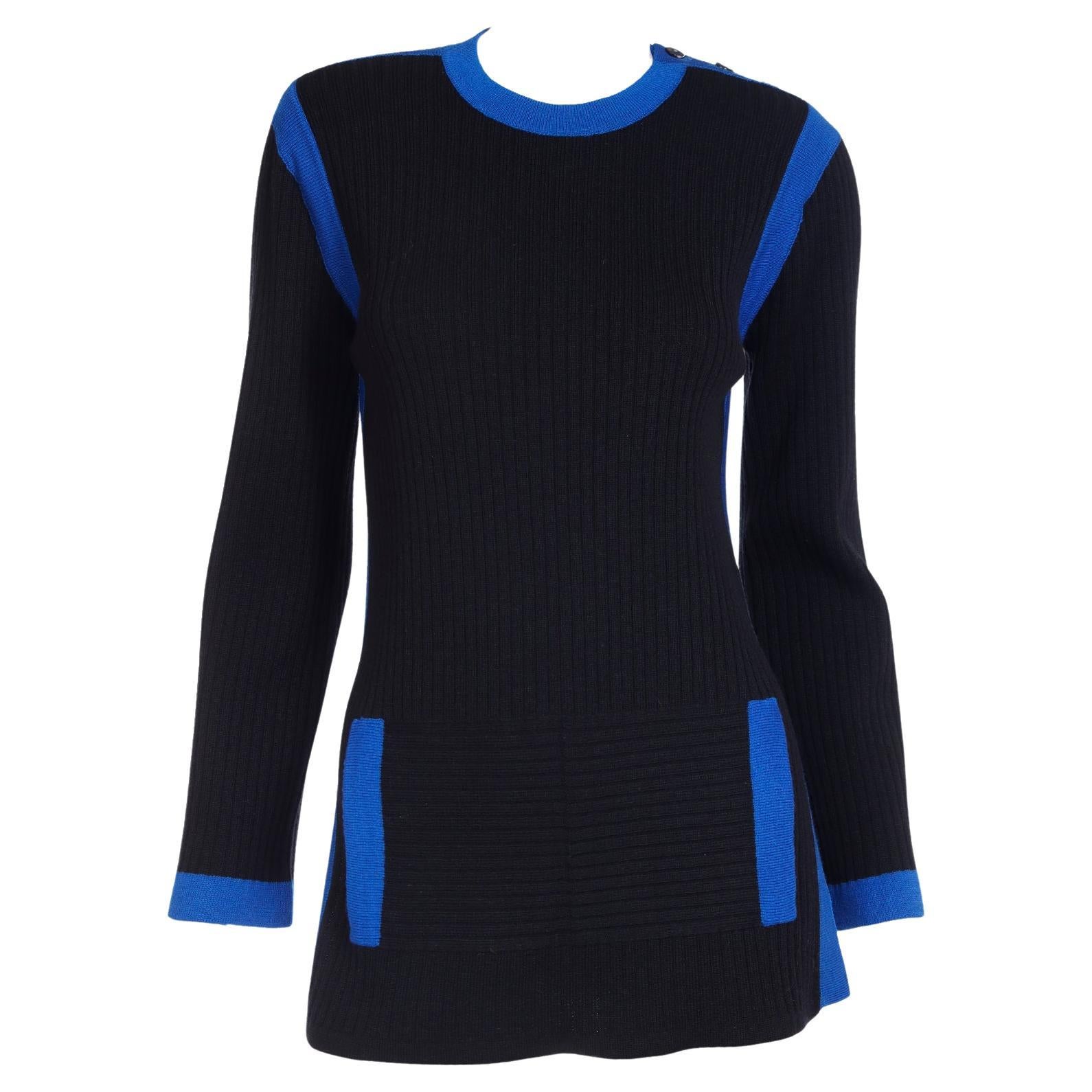 Yves Saint Laurent Vintage Black and Blue Knit Pullover Sweater For Sale