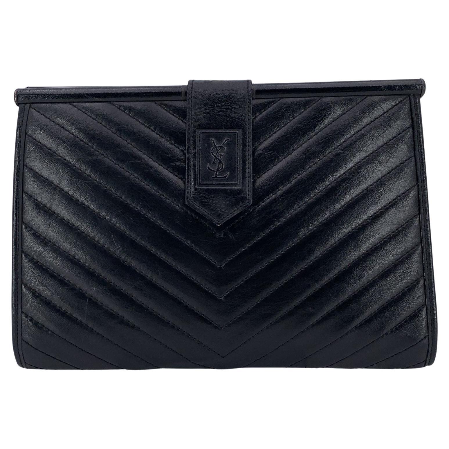 Yves Saint Laurent Vintage Black Chevron Leather Clutch Bag Handbag