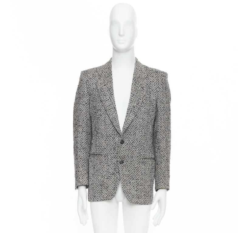 Yves Saint Laurent Veste blazer vintage en tweed noir et gris à chevrons colorés 4