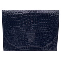 Yves Saint Laurent Vintage Black Leather Embossed Flap Clutch Purse