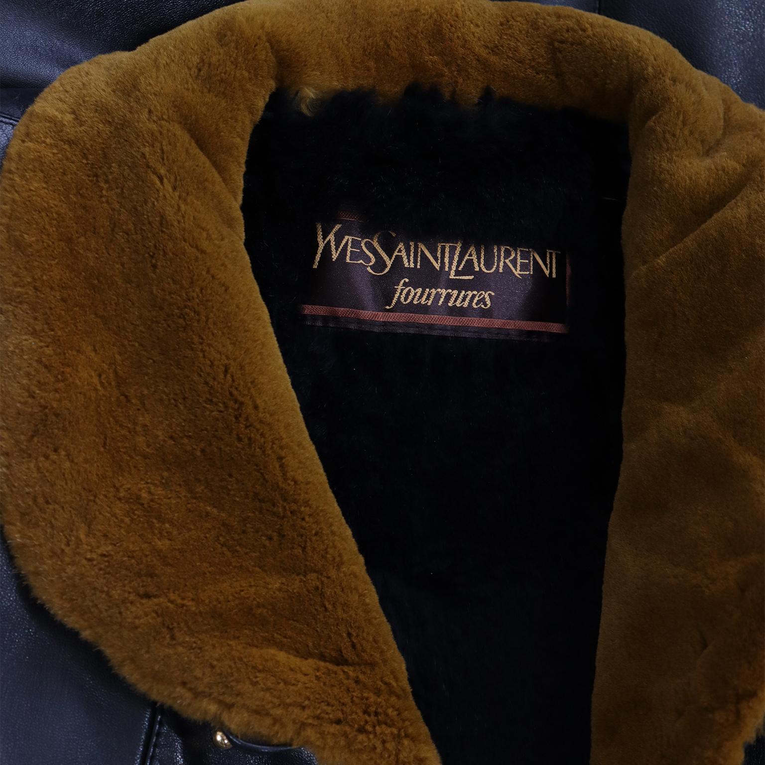 Yves Saint Laurent Vintage Black Leather YSL Coat W Sheared Fur and Gold Studs 5