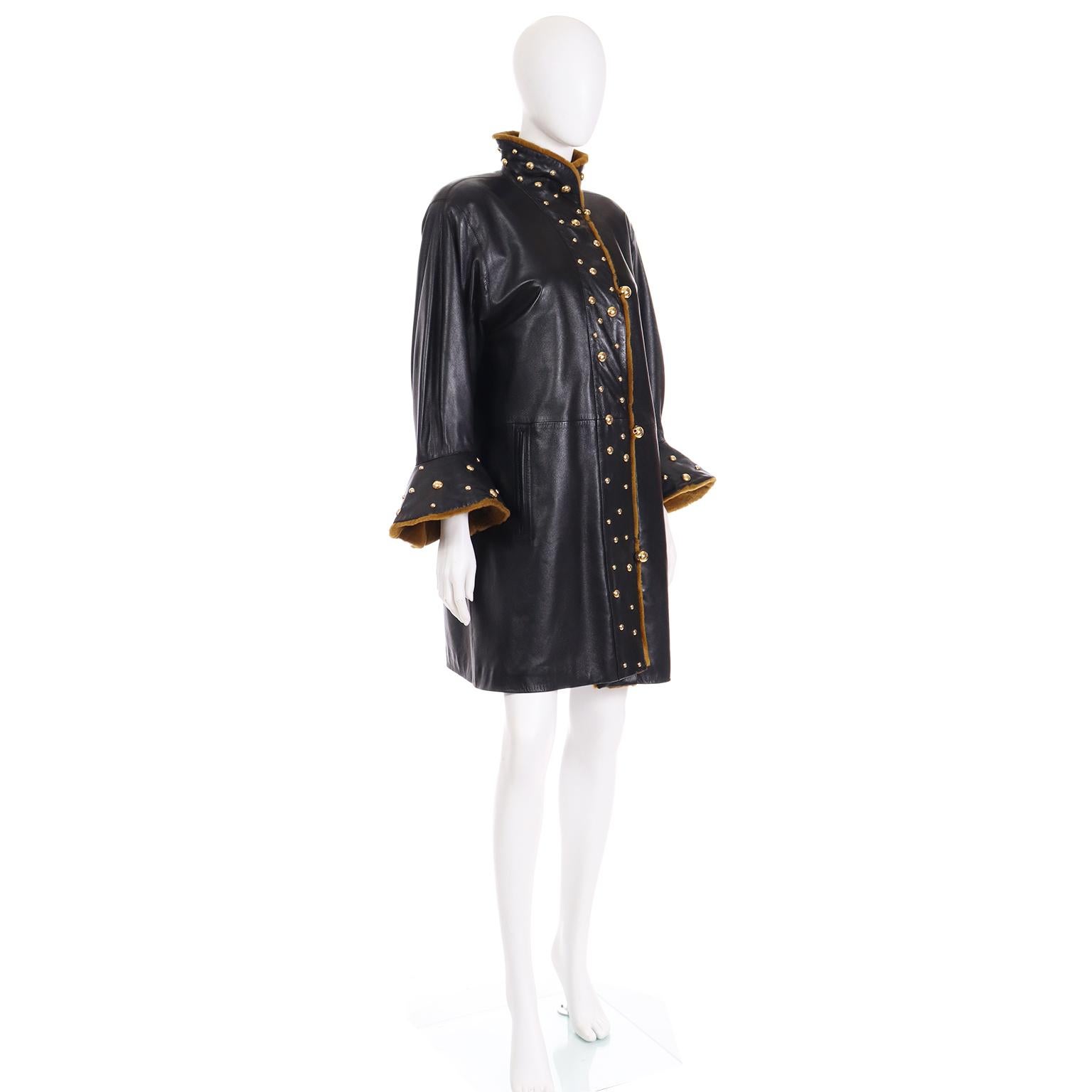 Yves Saint Laurent Vintage Black Leather YSL Coat W Sheared Fur and Gold Studs In Excellent Condition In Portland, OR