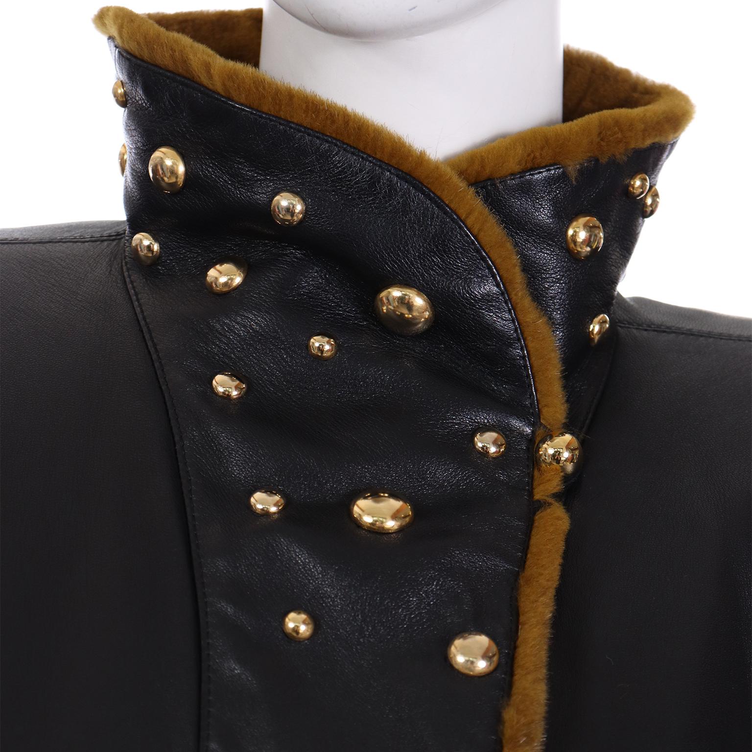 Yves Saint Laurent Vintage Black Leather YSL Coat W Sheared Fur and Gold Studs 2