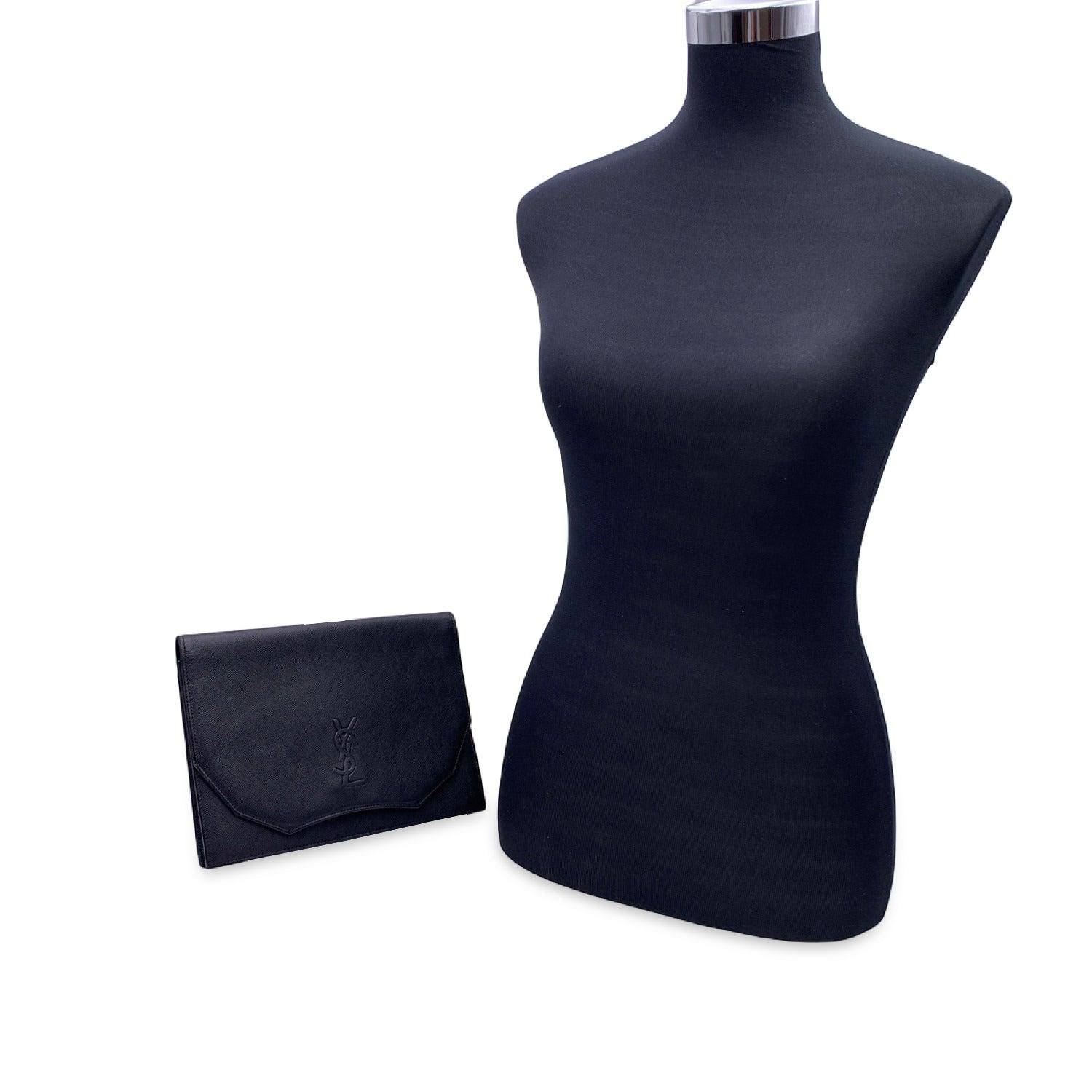 Yves Saint Laurent Vintage Black Leather YSL Logo Clutch Bag In Excellent Condition In Rome, Rome