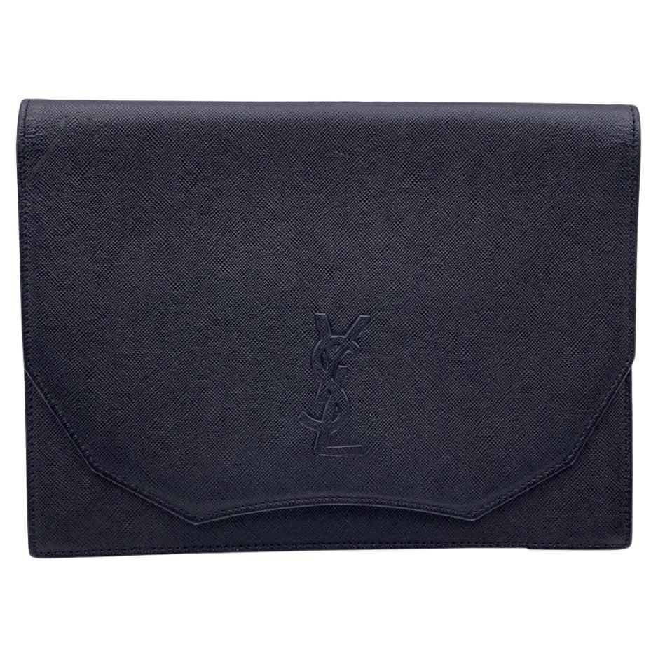 Yves Saint Laurent Vintage Black Leather YSL Logo Clutch Bag For Sale