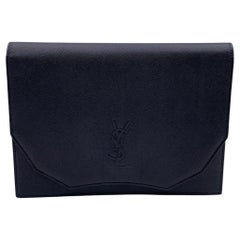 Yves Saint Laurent Vintage Black Leather YSL Logo Clutch Bag with Box