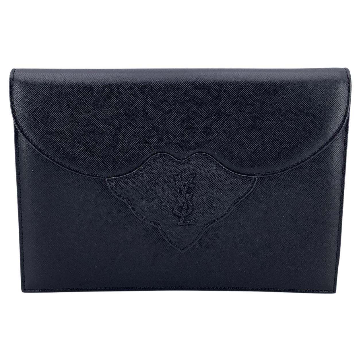 Yves Saint Laurent Vintage Black Leather YSL Logo Flap Clutch Bag im Angebot