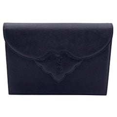 Yves Saint Laurent Vintage Black Leather YSL Logo Flap Clutch Purse