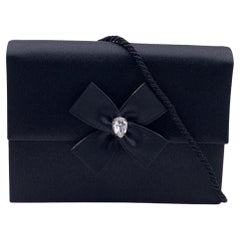 Yves Saint Laurent Vintage Black Satin Clutch Bag with Embellished Bow