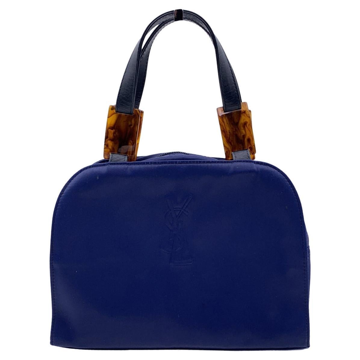 Yves Saint Laurent Vintage Blue Canvas YSL Logo Satchel Handbag