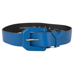 Yves Saint Laurent Vintage Blue Leather Belt with Gold Metal Accents