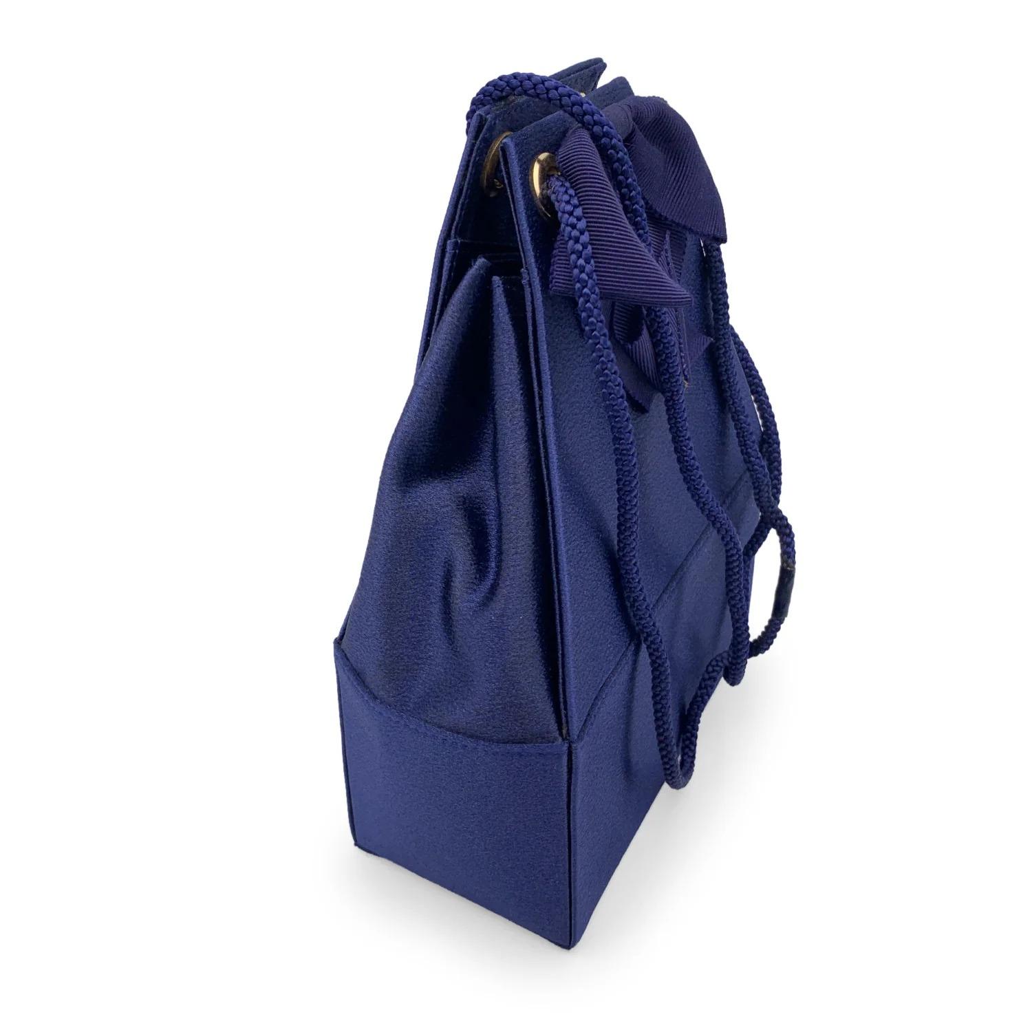 Black Yves Saint Laurent Vintage Blue Satin Shoulder Drawstring Box Bag For Sale