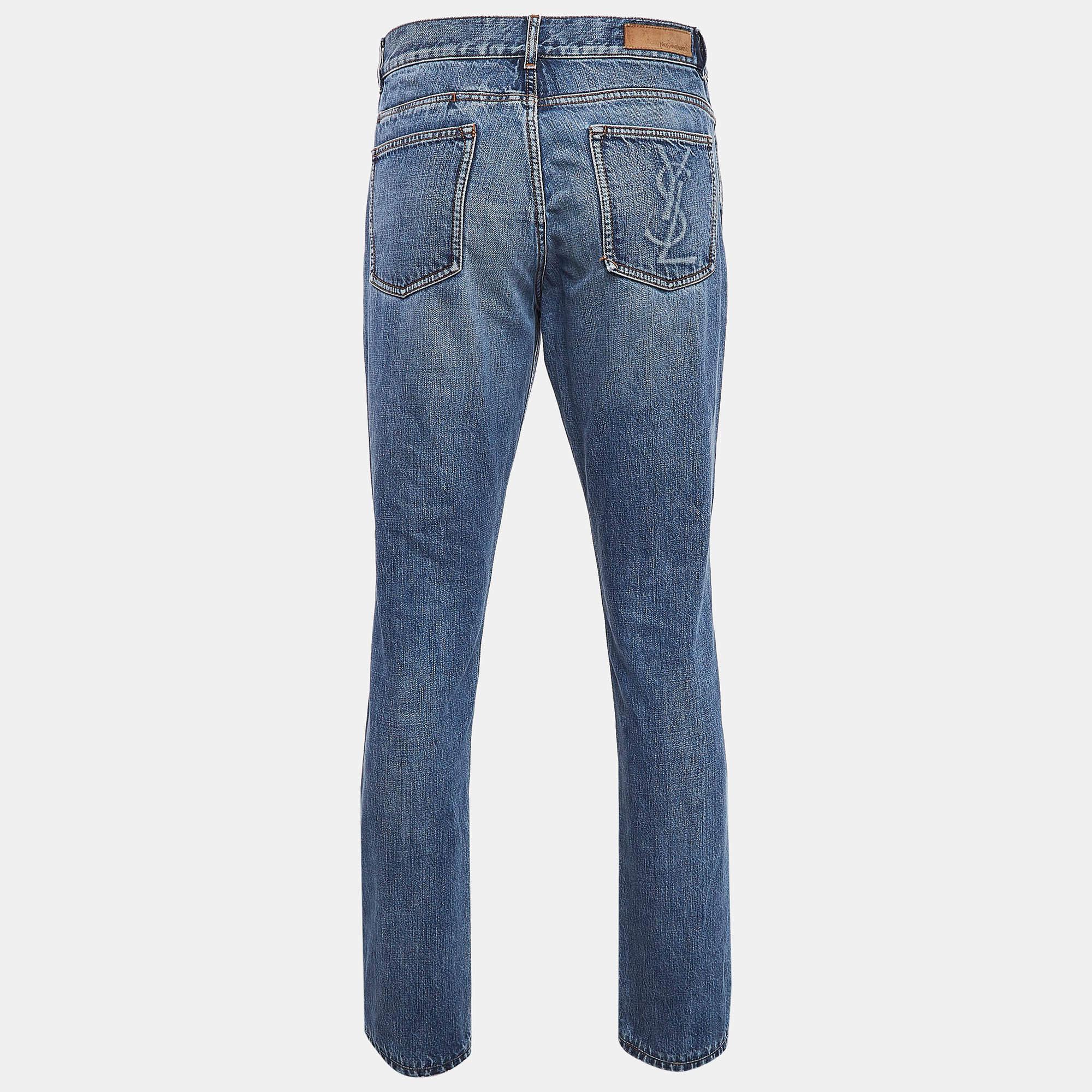 These Yves Saint Laurent jeans are a must have wardrobe essential. These blue straight leg jeans can be dressed both up and down for looks that are either casual and comfy or chic and fashionable.