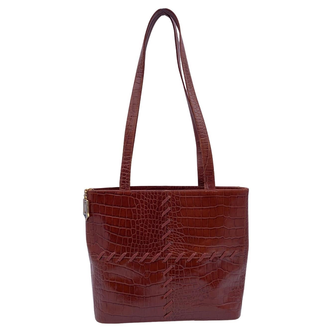 Yves Saint Laurent Vintage Brown Embossed Leather Stitch Tote Bag For Sale