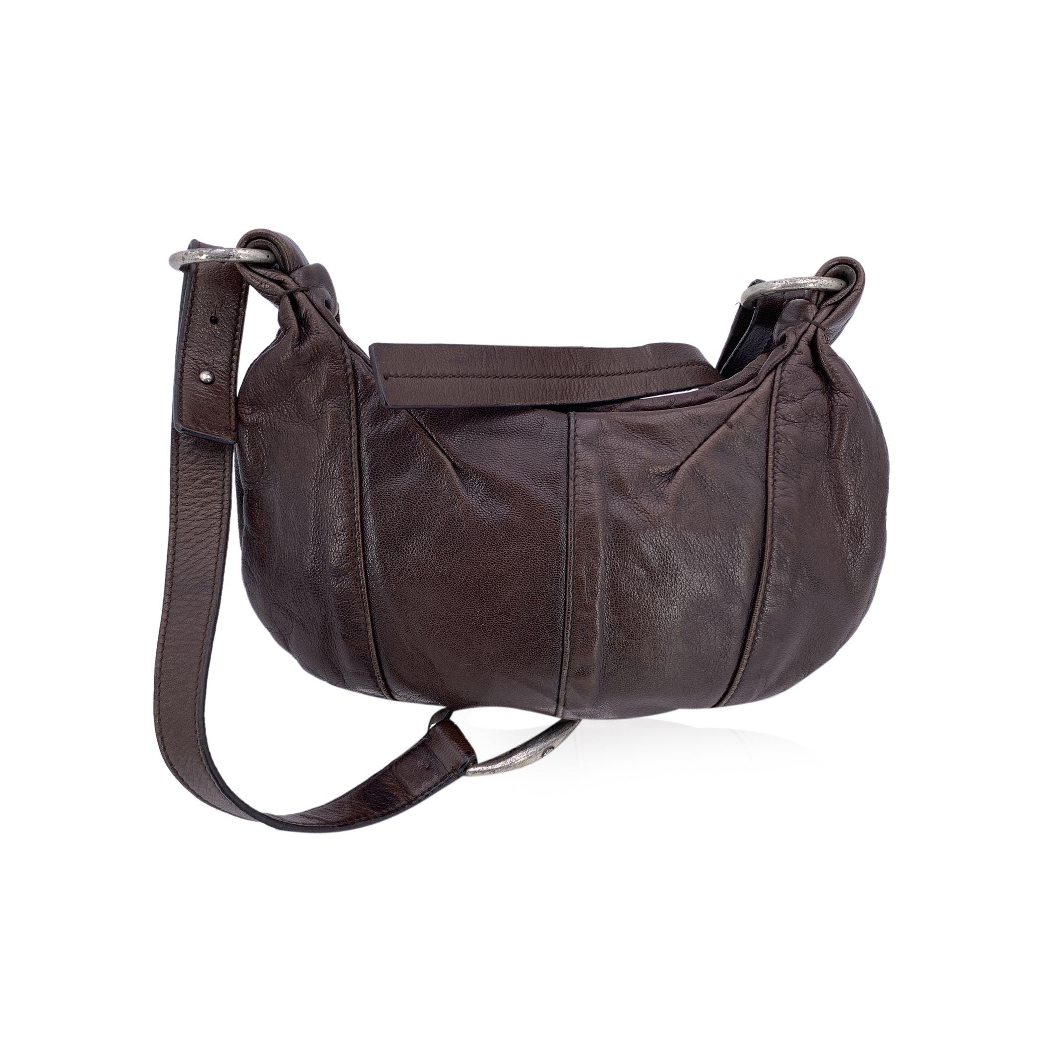 Black Yves Saint Laurent Vintage Brown Leather YSL Buckle Shoulder Bag