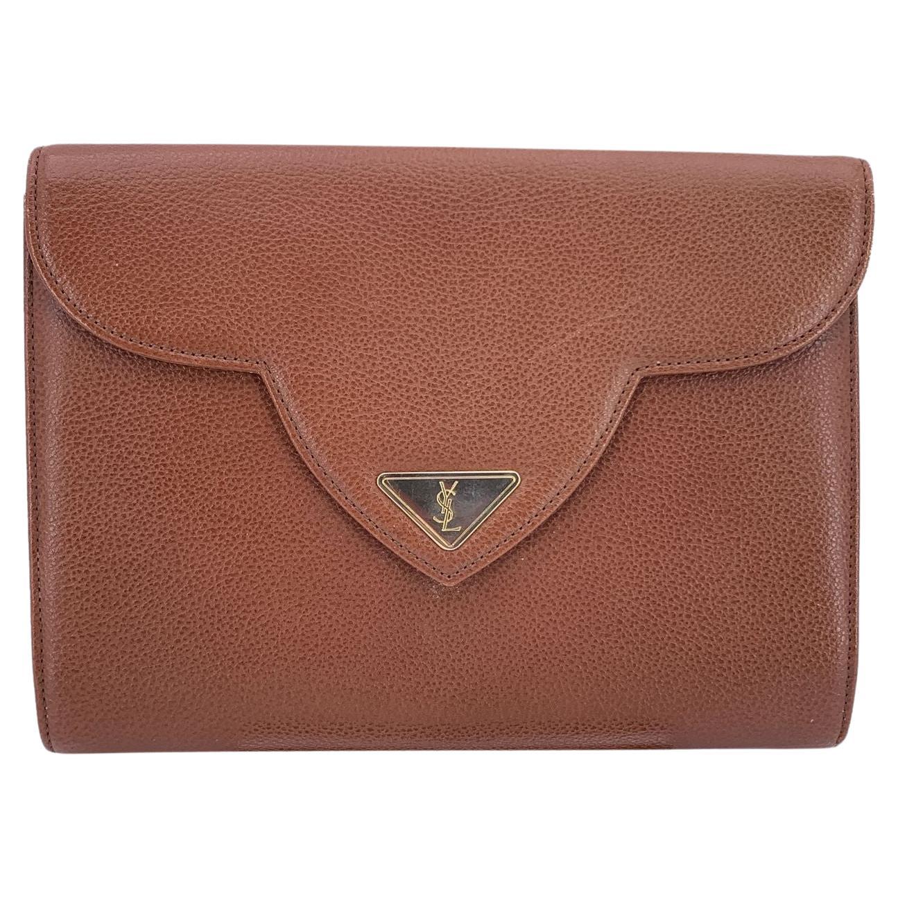 Yves Saint Laurent Vintage Braun Leder YSL Klappe Clutch Tasche Handtasche im Angebot