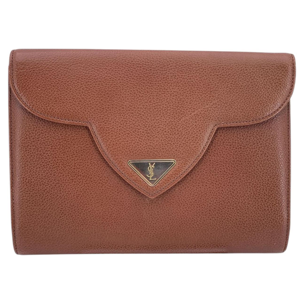 Yves Saint Laurent Vintage Brown Leather YSL Flap Clutch Bag Handbag For Sale