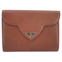 Yves Saint Laurent Vintage Brown Leather YSL Flap Clutch Bag Handbag