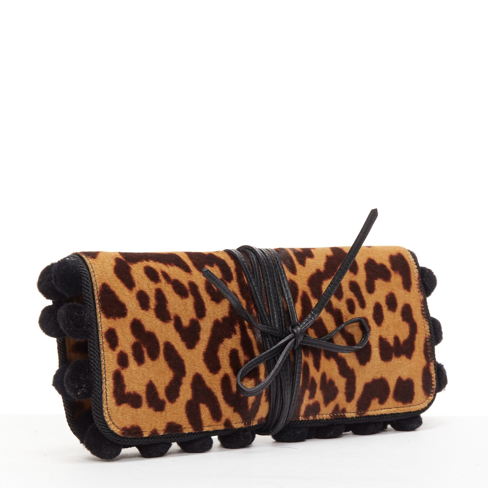 Black YVES SAINT LAURENT Vintage brown leopard horsehair pom pom wrap clutch
