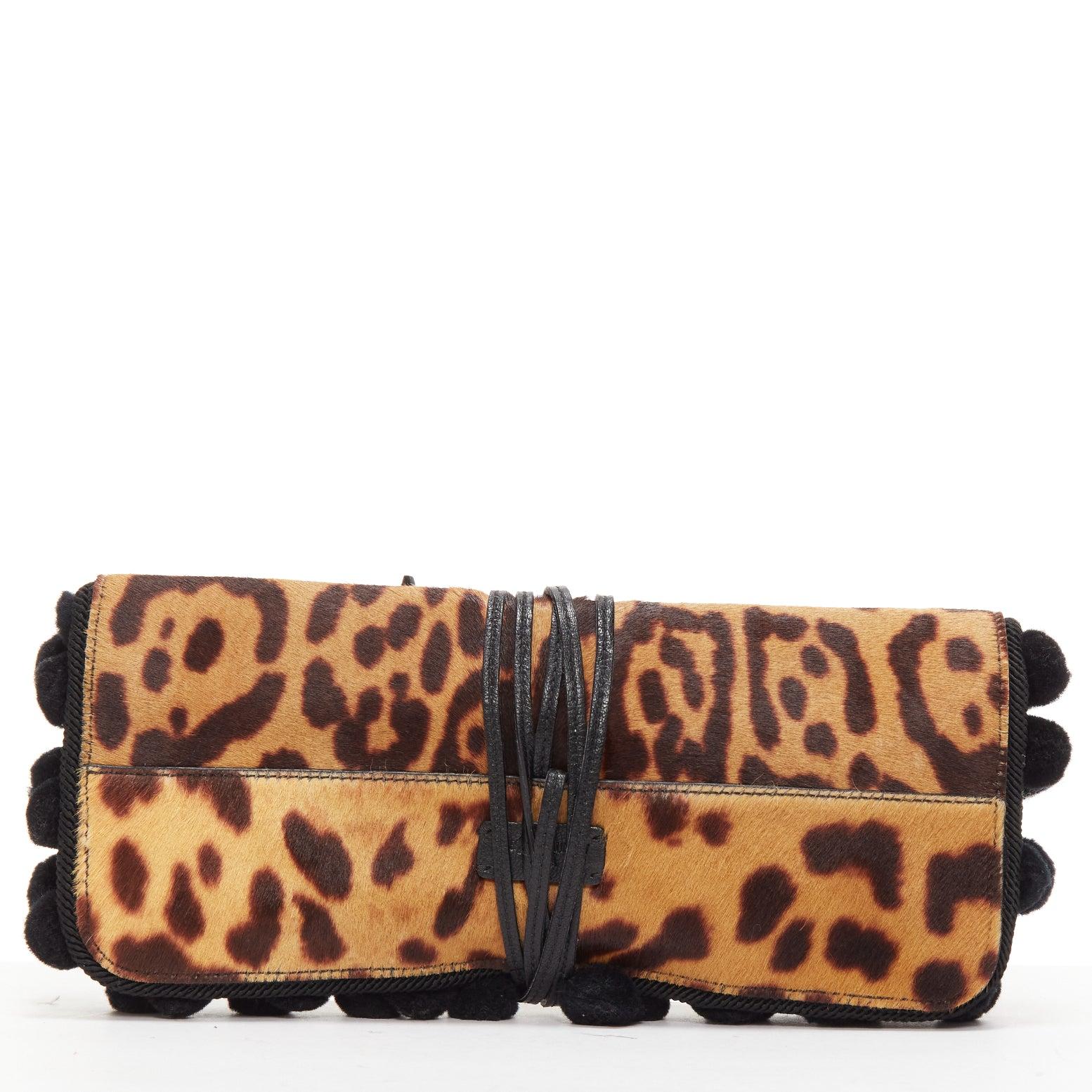 Women's YVES SAINT LAURENT Vintage brown leopard horsehair pom pom wrap clutch