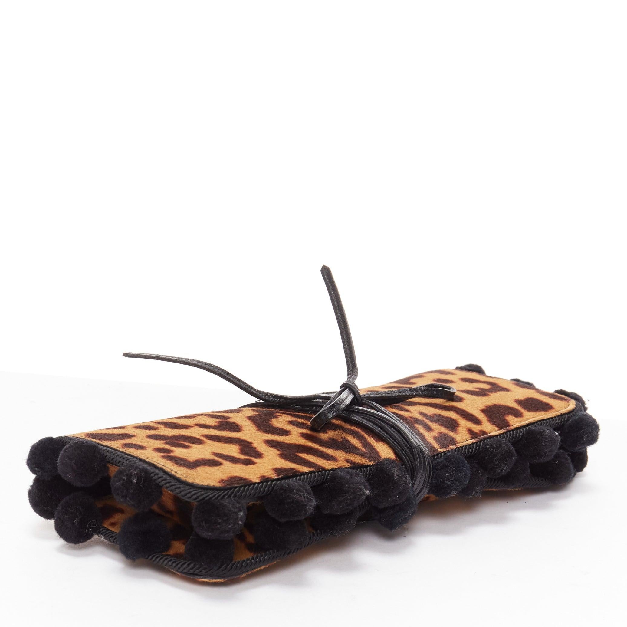 YVES SAINT LAURENT Vintage brown leopard horsehair pom pom wrap clutch 1