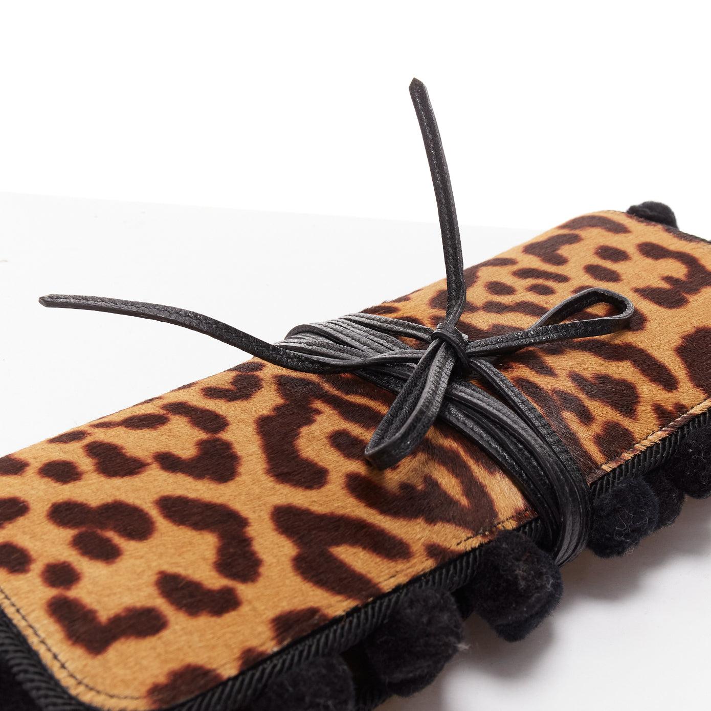 YVES SAINT LAURENT Vintage brown leopard horsehair pom pom wrap clutch 2