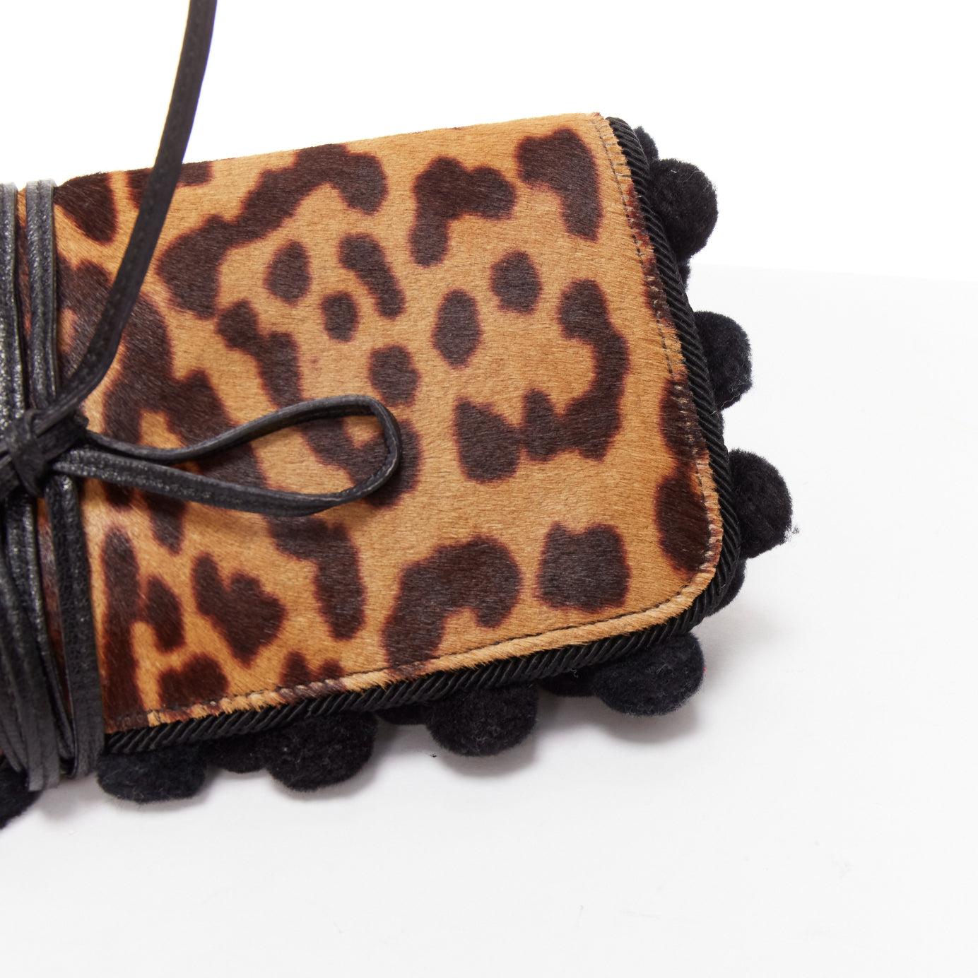 YVES SAINT LAURENT Vintage brown leopard horsehair pom pom wrap clutch 3