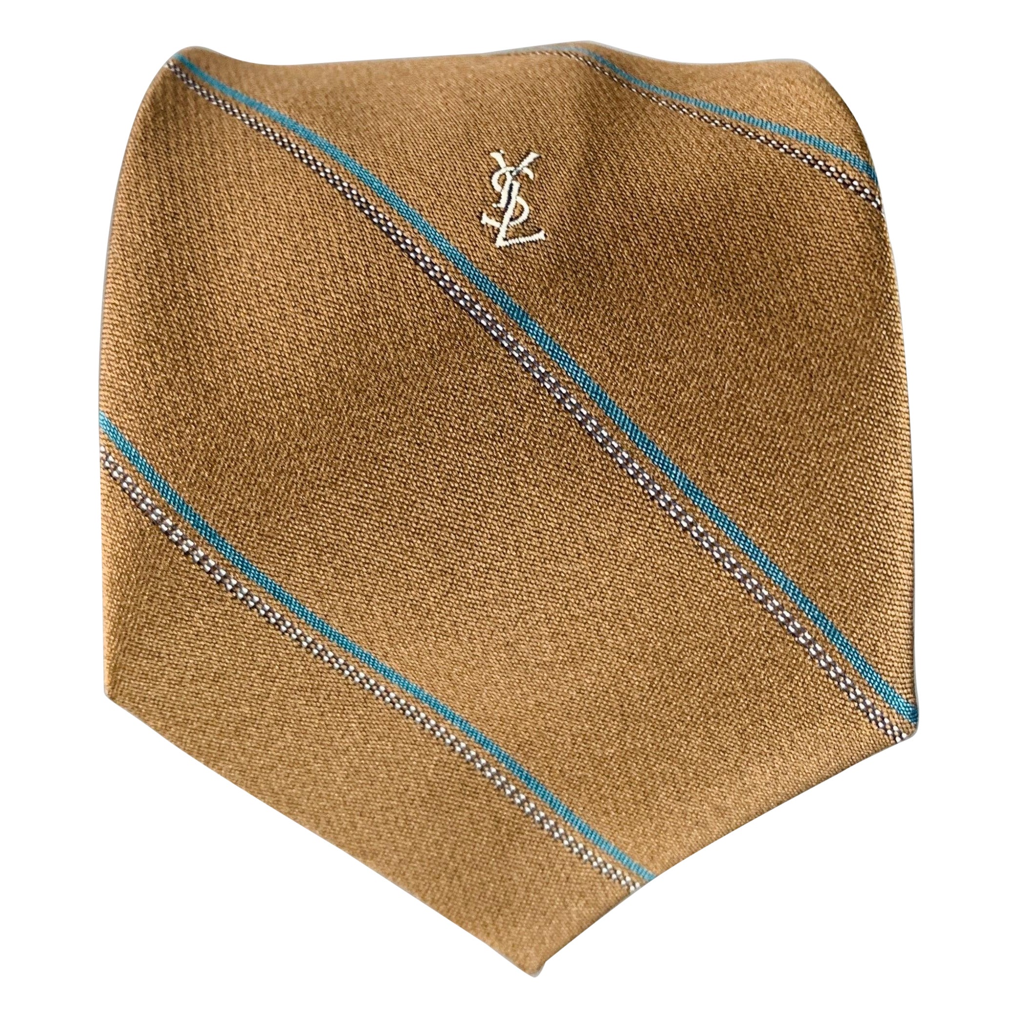 YVES SAINT LAURENT Vintage Brown Teal Diagonal Stripe Silk Skinny Tie For Sale