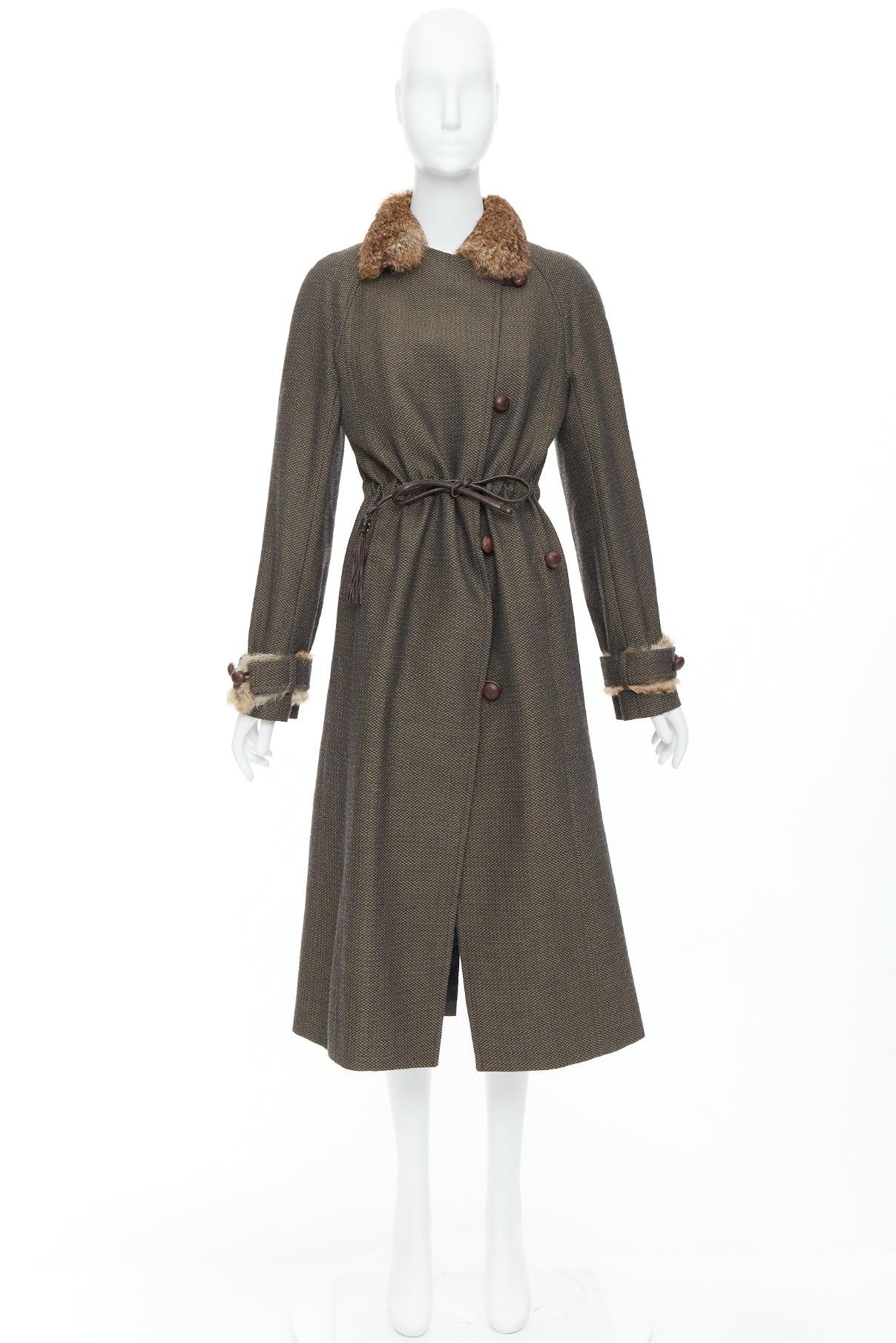 YVES SAINT LAURENT Vintage brown wool tweed fur trim maxi coat FR36 S 6