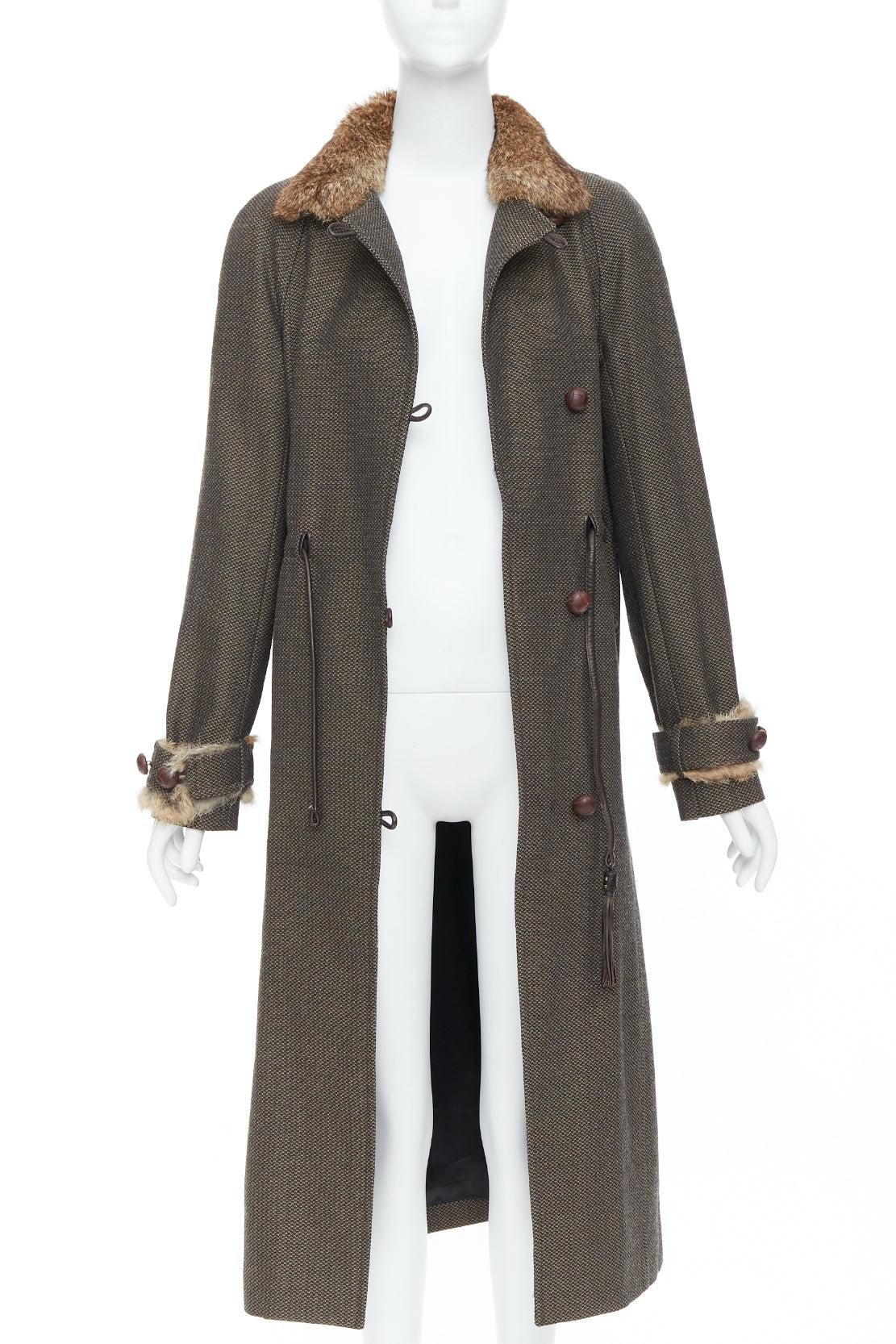Black YVES SAINT LAURENT Vintage brown wool tweed fur trim maxi coat FR36 S