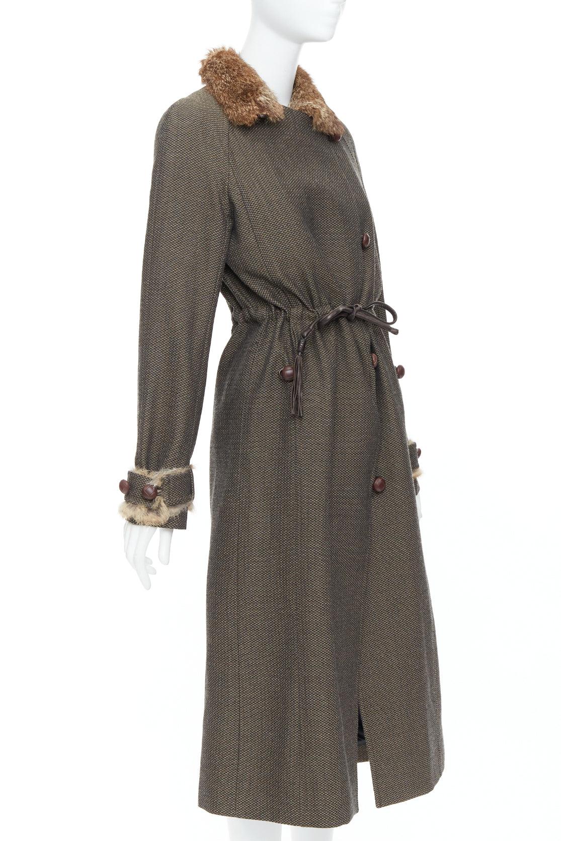 Women's YVES SAINT LAURENT Vintage brown wool tweed fur trim maxi coat FR36 S