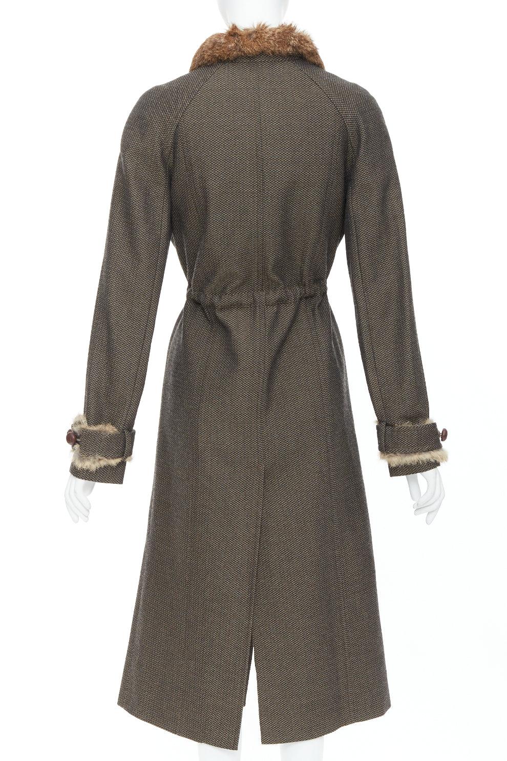 YVES SAINT LAURENT Vintage brown wool tweed fur trim maxi coat FR36 S 2