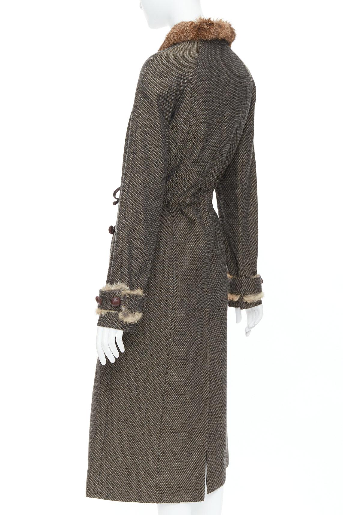 YVES SAINT LAURENT Vintage brown wool tweed fur trim maxi coat FR36 S 3